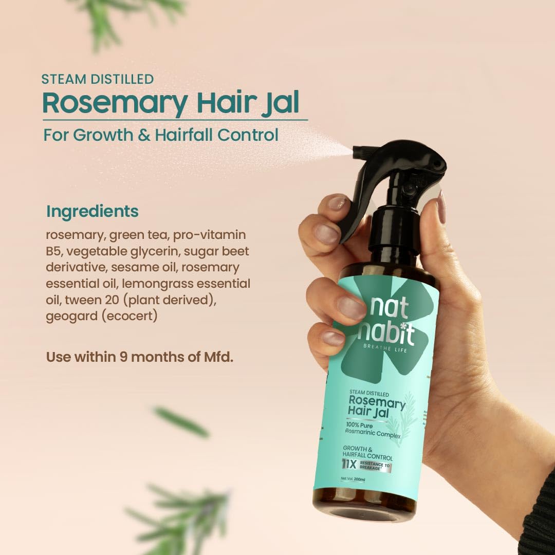 Nat Habit Rosemary Hair Jal â€“ Conditioning Spray with With Pure Rosmarinic Complex for Hair Fall Control, DHT Support & Stronger Hair, Non-Greasy Leave-In 200ml