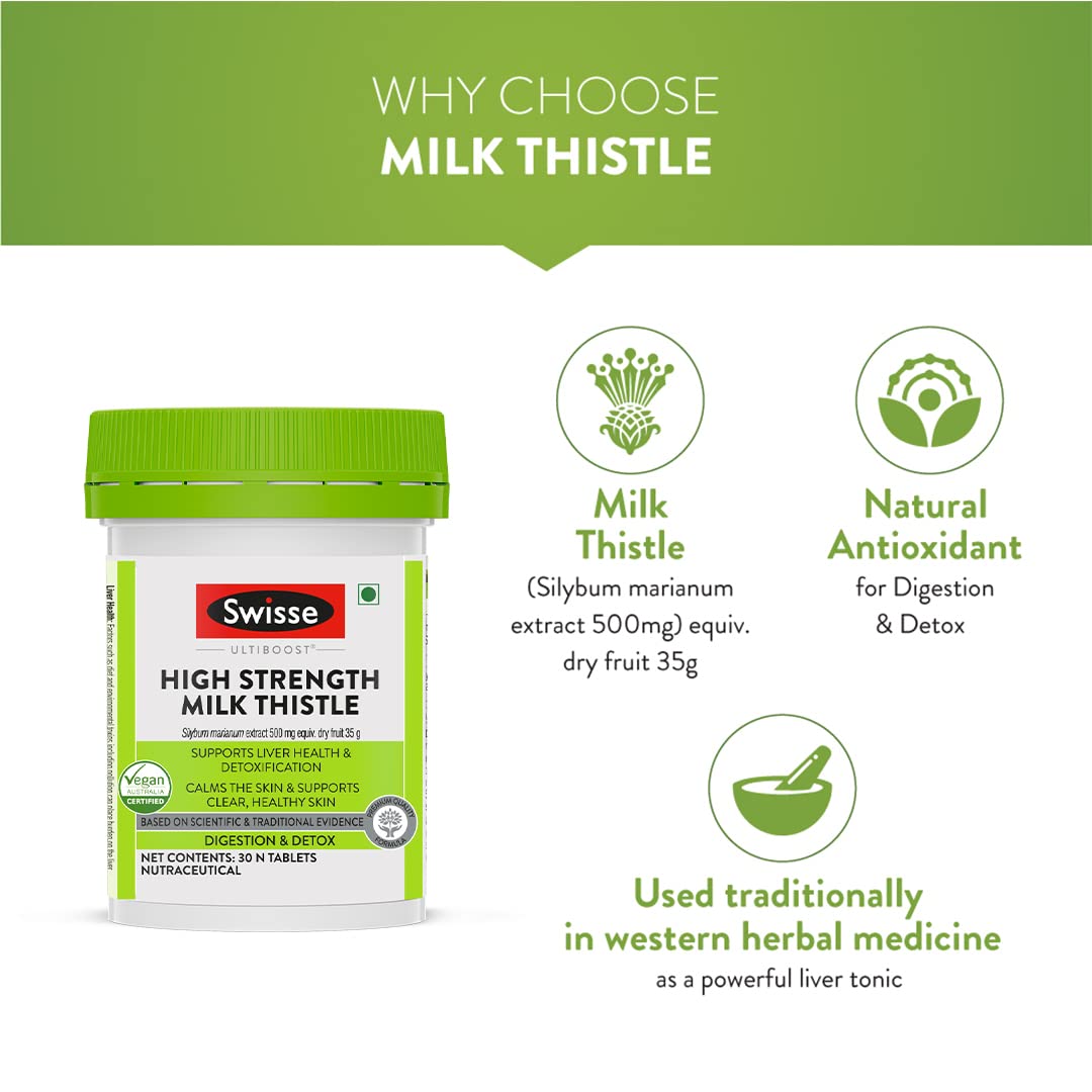 Swisse High Strength Milk Thistle with 500mg (70:1) Milk Thistle Extract for Complete Liver Support, Alcohol Detox & Protection Against Fatty Liver - 30 Tablets (Highest Milk Thistle Content In Single Tab)