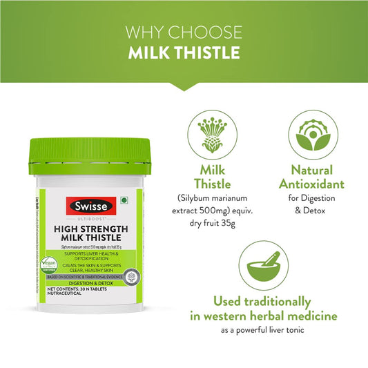 Swisse High Strength Milk Thistle with 500mg (70:1) Milk Thistle Extract for Complete Liver Support, Alcohol Detox & Protection Against Fatty Liver - 30 Tablets (Highest Milk Thistle Content In Single Tab)