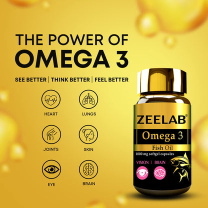 Zeelab Omega 3 Fish Oil Capsules with EPA & DHA â€“ Supports Heart, Brain, Eye, Joint Health â€“ Helps Maintain Cholesterol & Triglyceride Levels â€“ For Men & Women â€“ 1000mg Softgels