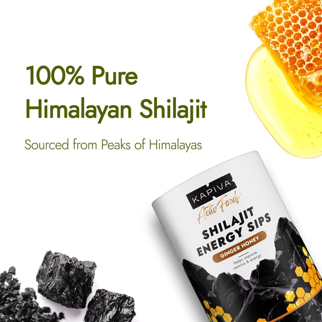 Kapiva Shilajit Energy Sips | With 100% Pure Shilajit/Shilajeet | 250mg Shilajit/Stick | Boosts Energy & Stamina | 30 Sachets | Ginger Honey Flavour