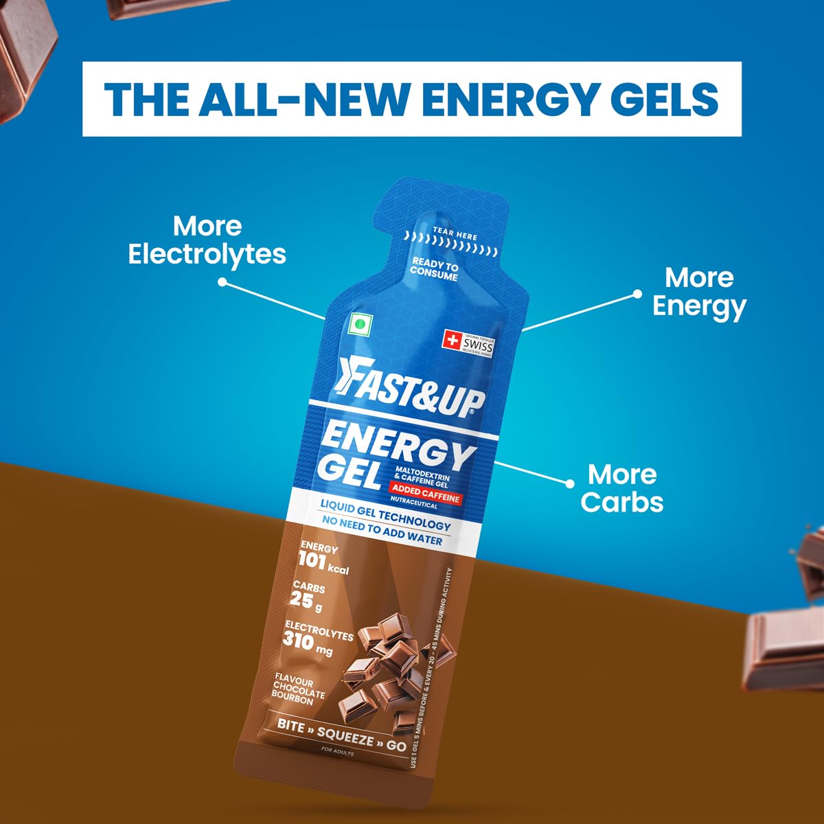 Fast&Up Energy Gel- Chocolate Bourborn flavour (Caffeinated) - Pack of 6 Gel Sachets, 39g per sachet- For Instant energy boost, Improved endurance and performance