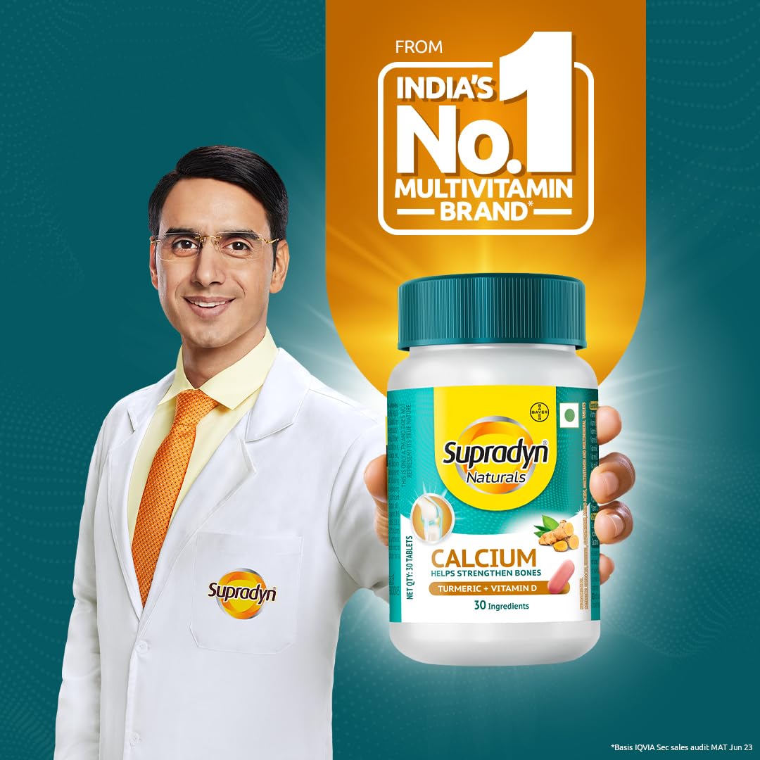 Supradyn Naturals Calcium for Men and Women (30 tablets)|Multivitamin with Vitamin D, Magnesium, Zinc, Vitamin B 12 & Turmeric|For Bone health and Joint support|Veg