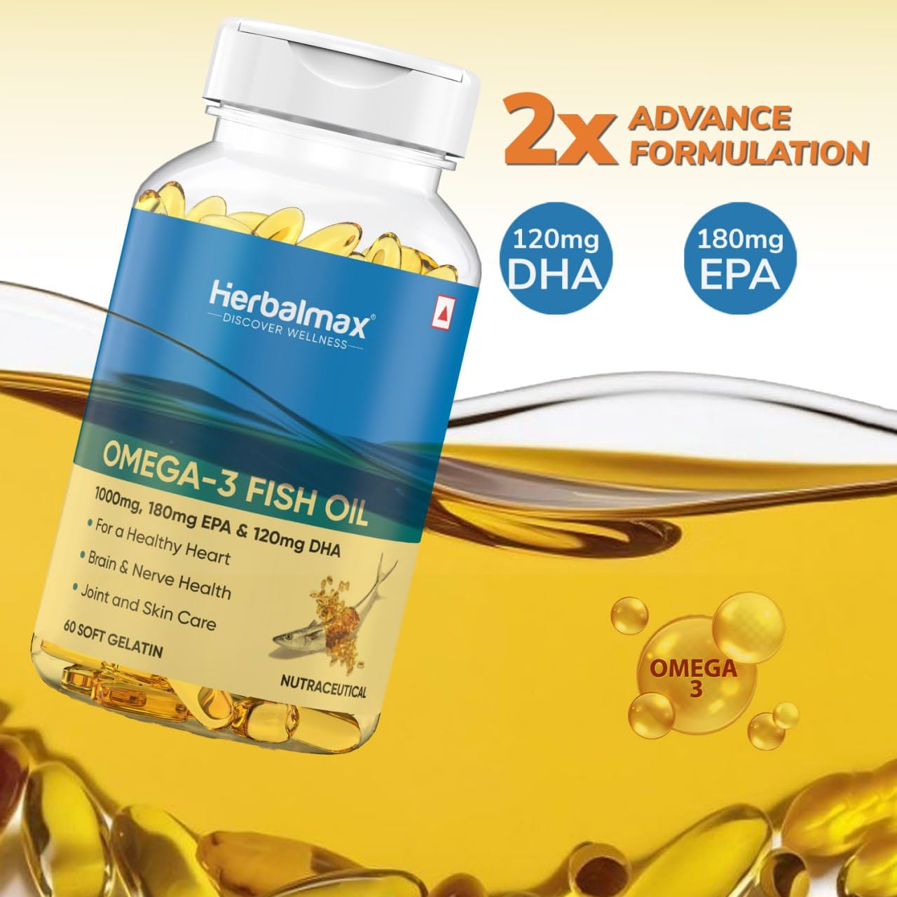 Herbalmax Omega-3 Fish Oil Capsules 1000mg (60 Capsules) | 180mg EPA & 120mg DHA | Supports Heart, Brain, Joint & Eye Health | For Men & Women | Promotes Cardiovascular Wellness