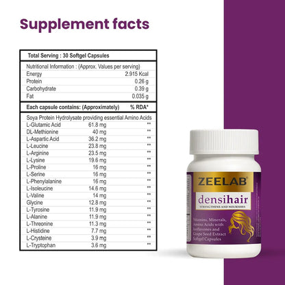 Zeelab Densihair Softgel Capsule for Women | Hair Nutrition Supplement with Biotin, Vitamins, Minerals, Amino Acids, Soya Isoflavones & Grape Seed Extract | Supports Hair Strength, Thickness & Scalp Health