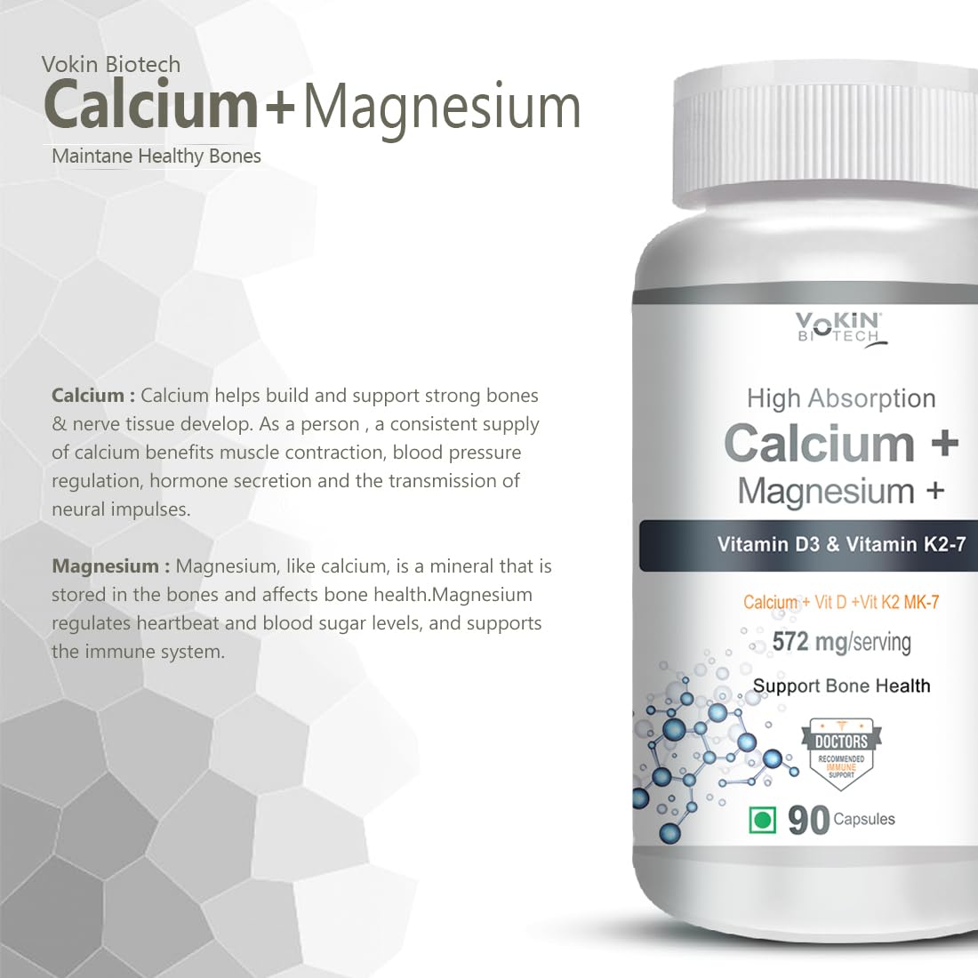 Vokin Biotech Calcium with Magnesium, Vitamin D3 & Vitamin K2- Mk-7 - Support Bone Health- 572mg - (90 Capsule)