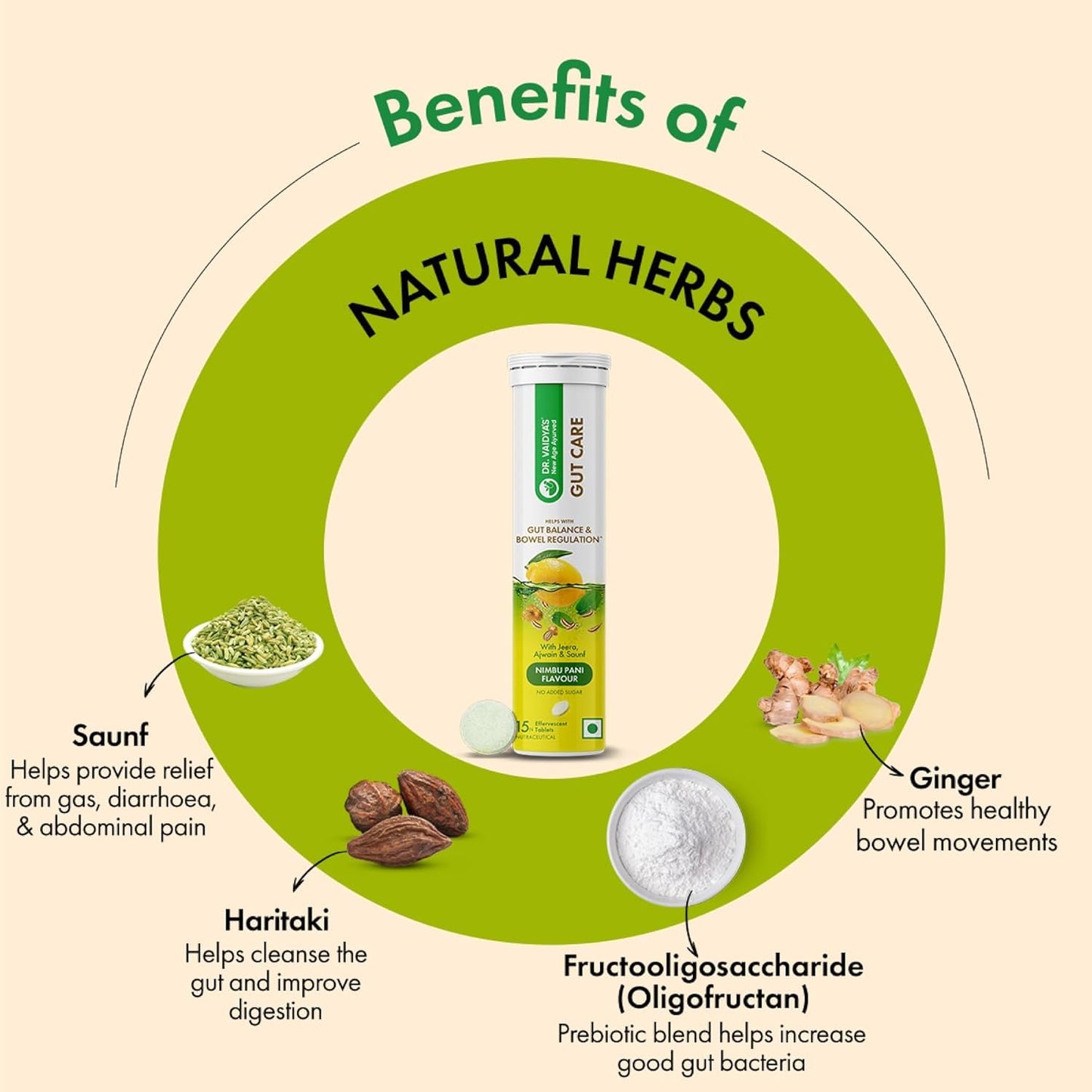 Dr. Vaidyaâ€™s Gut Care Effervescent Tablets | Helps reduce bloating & acidity, improves digestion, promotes gut health & regulates Bowel movement | Jeera, Ajwain, Saunf | Prebiotic & Probiotic Blend with healthy gut microbiome 15 Tablets