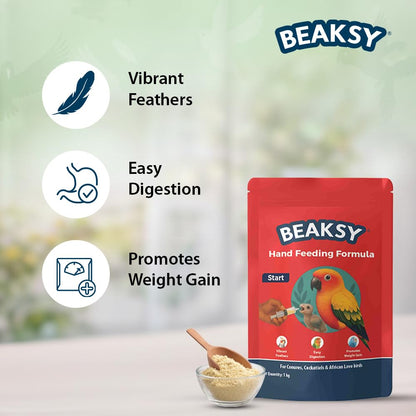BEAKSY Start Hand Feeding Formula for Baby Birds | for Conures, Cockatiels & Love Birds | Promotes Weight Gain, Vibrant Feathers & Easy Digestion (250gm)