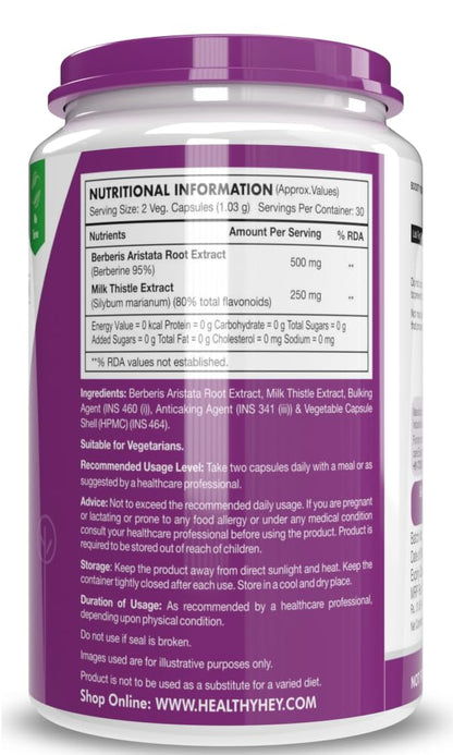 HealthyHey Nutrition Berberis Berberine 95% with Milk Thistle Vegetable Capsules, 60 Count