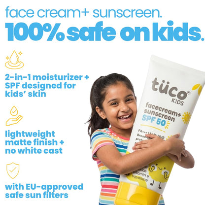 Tuco® Kids 2 in 1 Face Cream + Sunscreen SPF 50 with Saffron oil | UVA/UVB PA++++ | Broad Spectrum Protection | Benzophenone- 3 and Avobenzone Free | Ages 2-5, 5-10, 10-15 | 50gm