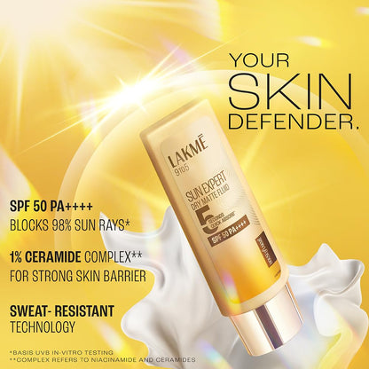 LAKMÃ‰ Sun Expert, Dry Matte Fluid Sunscreen, 50ml, for Oily and Combination Skin, with 1% Niacinamide & Ceramide, SPF 50 PA++++, Quick Absorbing, no White Cast
