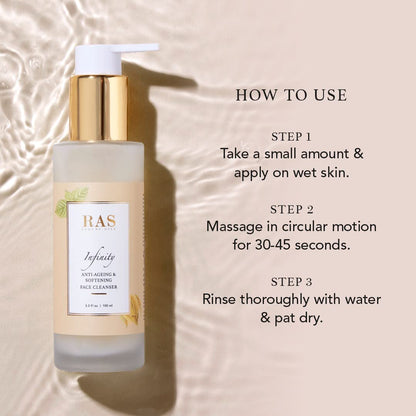 RAS Luxury Oils Infinity Anti Ageing CrÃ¨me Face Cleanser | Face wash With Calendula, Shea Butter & Red Algae | Soothes Skin, Locks In Moisture, Makes Skin Plump & Supple | Intensely Nourishes