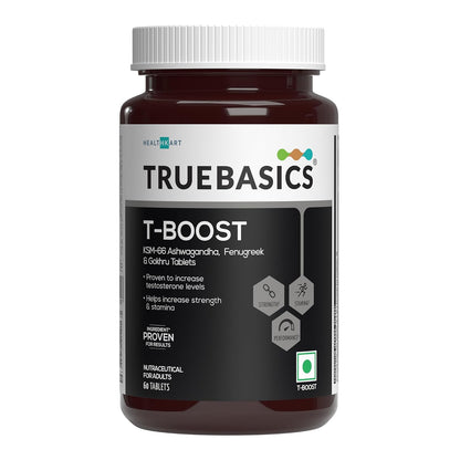 TrueBasics T-Boost, Testosterone Supplement for Men (60 Tablets) | With KSM 66 Ashwagandha, Safed Musli, Gokshura, & Ginseng | For Energy, Stamina & Muscle Strength