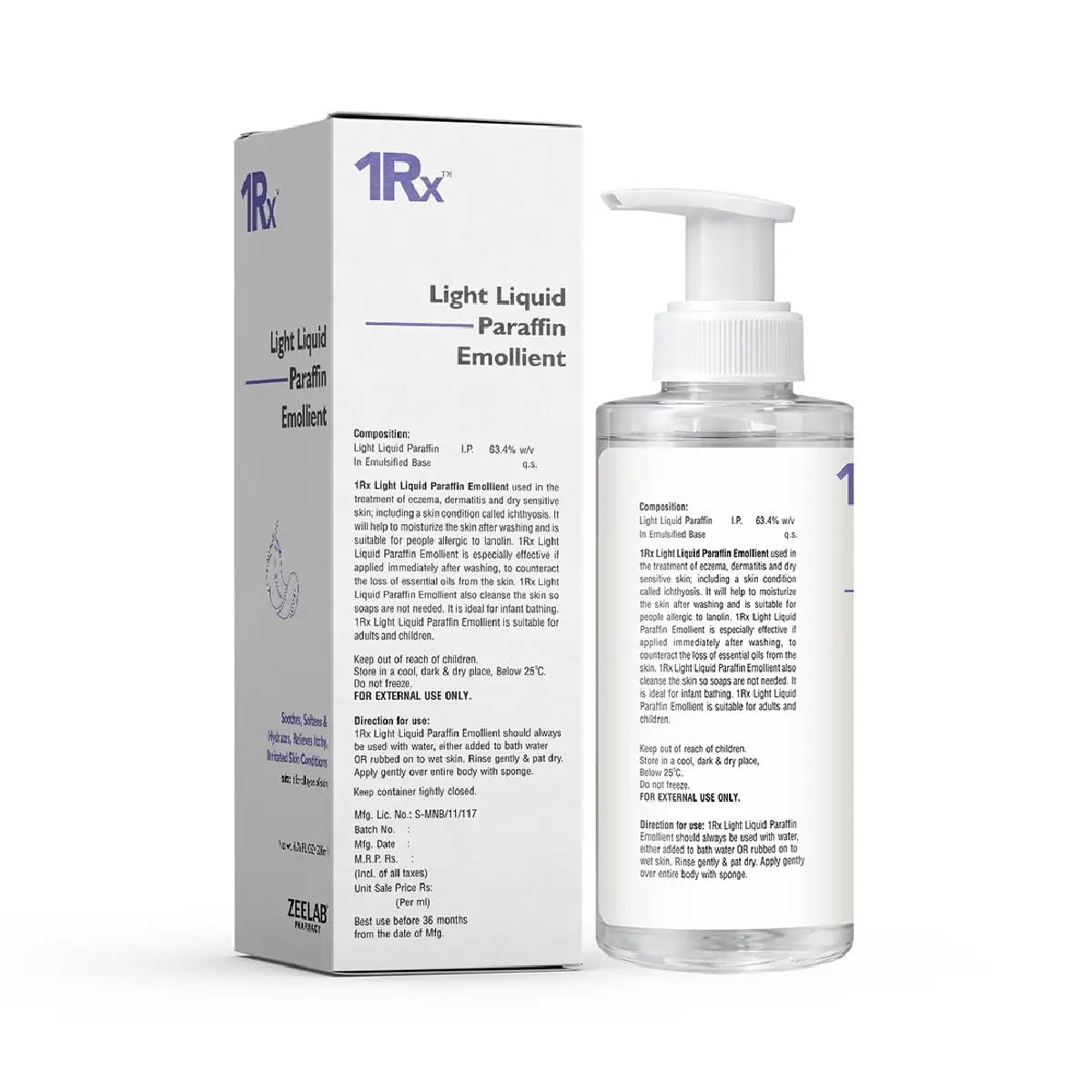 Zeelab 1RX Light Liquid Paraffin Emollient Lotion 200ml | Lanolin-Free Moisturising Lotion for Dry & Sensitive Skin | Daily Hydration & Skin Barrier Support | Body Moisturiser for Adults & Children