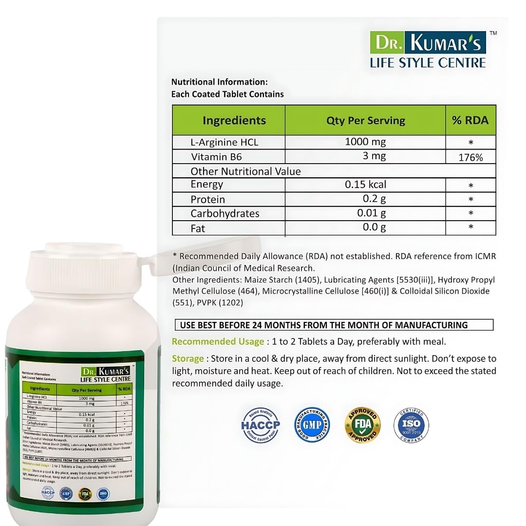 DR. KUMAR'S LIFESTYLE CENTRE Booster Nitrogen L-Arginine Tablets | HCL & Vitamin B6 | Support Healthy Blood Circulation | Health Supplement | 30 Tablets | 1000mg