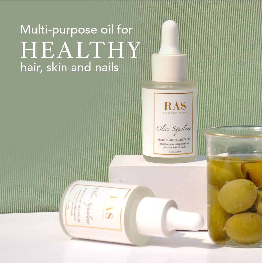RAS Luxury Oils Olive Squalane Pure Plant Beauty Oil | For Hair, Skin & Nails | Lightweight, Reduces Fine Lines | Rich in Vitamins & Antioxidants | Natural and Organic, Cruelty Free, 35ml
