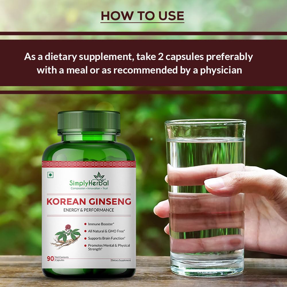 Simply Herbal Korean Red Ginseng 1000mg â€“ 90 Veg Capsules | Energy, Vitality & Stamina Support | Herbal Adaptogen Supplement for Men & Women
