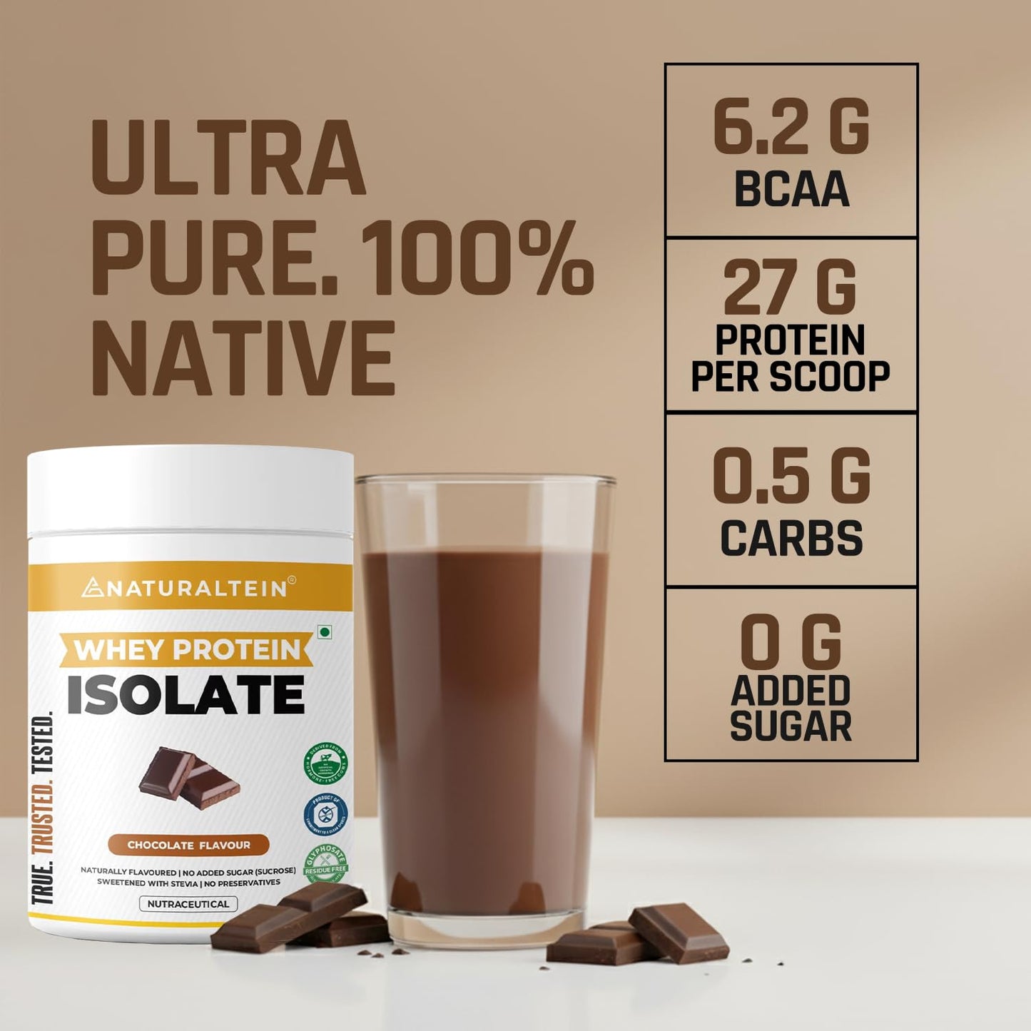 NATURALTEIN Whey Protein Isolate 300g â€“ Chocolate Flavor â€“ 24g Protein per 30g Serving â€“ Naturally Flavoured, No Artificial Sweeteners â€“ Easy to Digest â€“ No Adulteration â€“ Clean & Natural