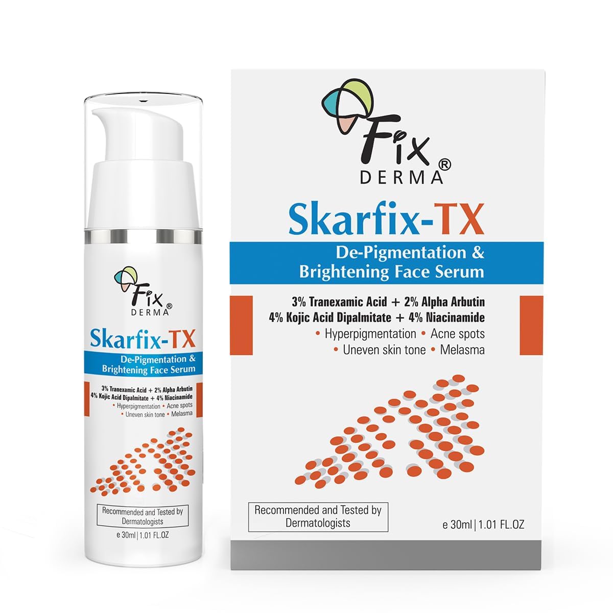 Fixderma Skarfix - TX with Tranexamic Acid + 4% Kojic Acid + 4% Niacinamide & 2% Alpha Arbutin Face Serum for Acne Spots, Melasma & Brightening | Face Serum for Women & Men - 30ml