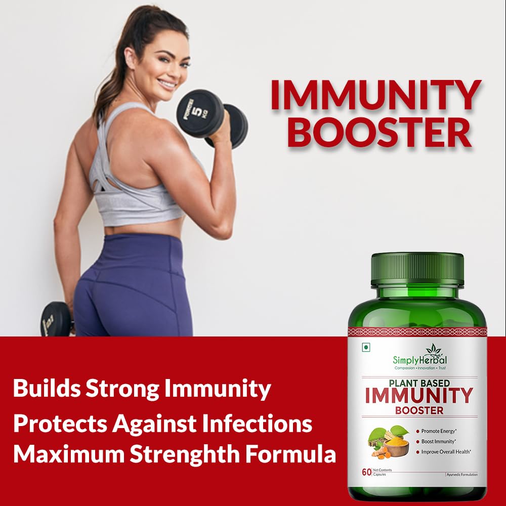 Simply Herbal Plant Based Organic Immunity Booster Capsules for Men & Women, Immunity Blend of Giloy, Haldi, Ashwagandha, Aloe Vera, Laung, Shatawari and Natural Herbs Heath Dietary Supplement, 60 Capsules
