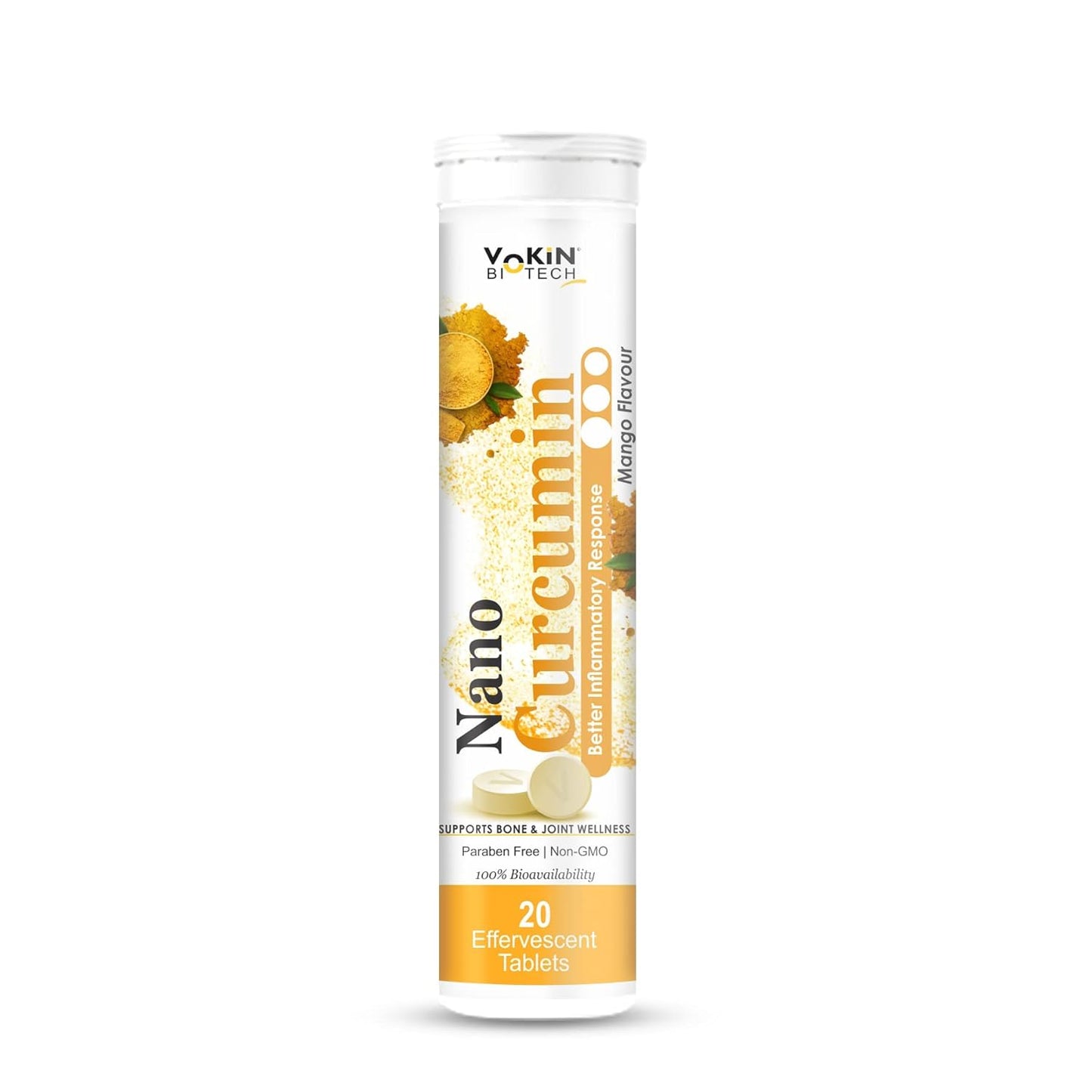 Vokin Biotech India's First Nano Curcumin Support Bone and Joint wellness Mango Flavour 20 Effervescent Tablets