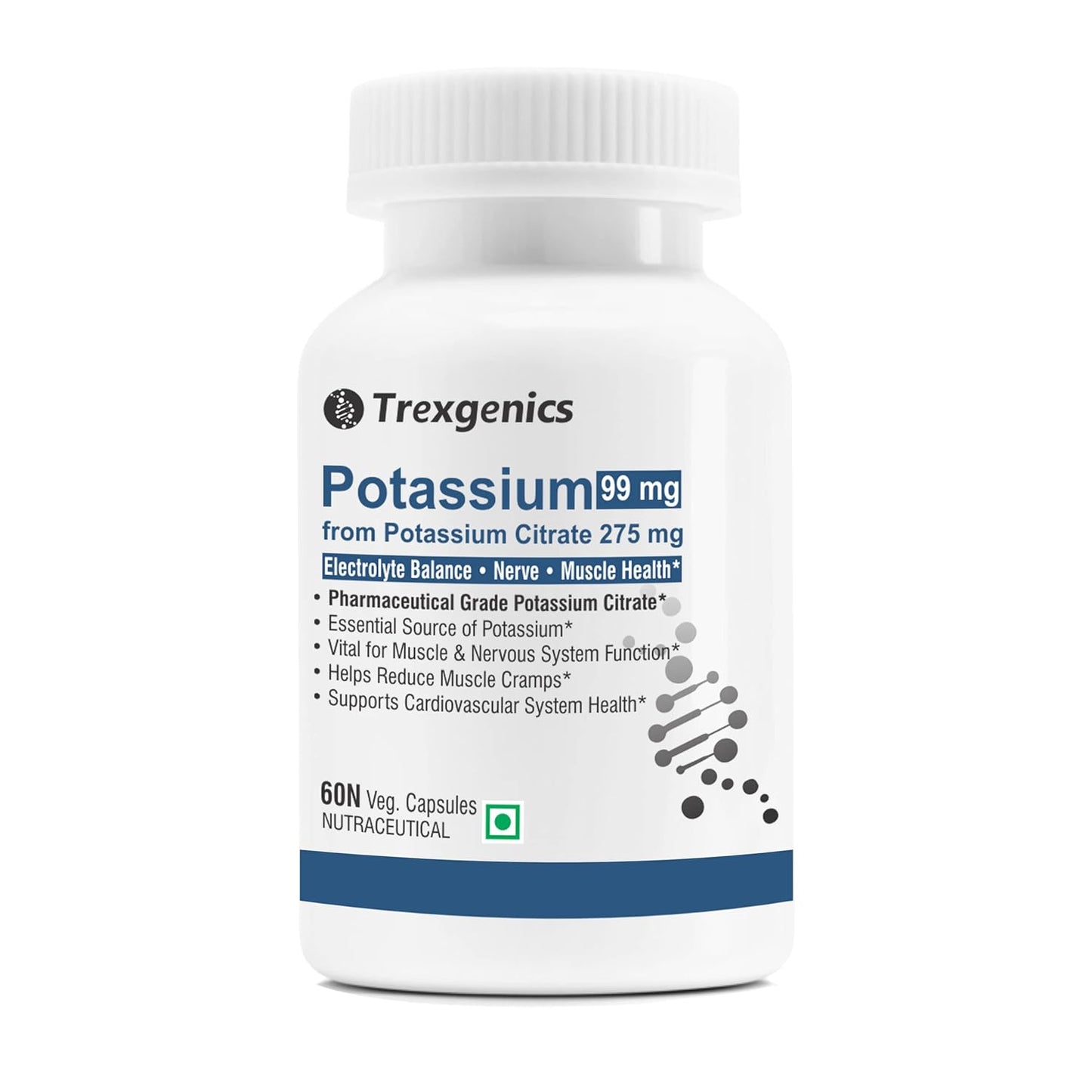 Trexgenics POTASSIUM CITRATE (K 99) 275 mg Electrolyte Balance, Nerve & Muscle Health VEGAN & NON-GMO (60 Vcaps) (Pack of 1)