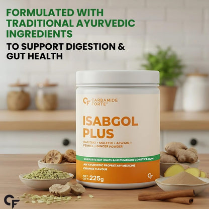 Carbamide Forte Isabgol Powder - 225gm | Psyllium Husk Powder With Haritaki, Ajwain & Fennel | Fiber supplement for Constipation Relief & Digestion | Orange Flavour