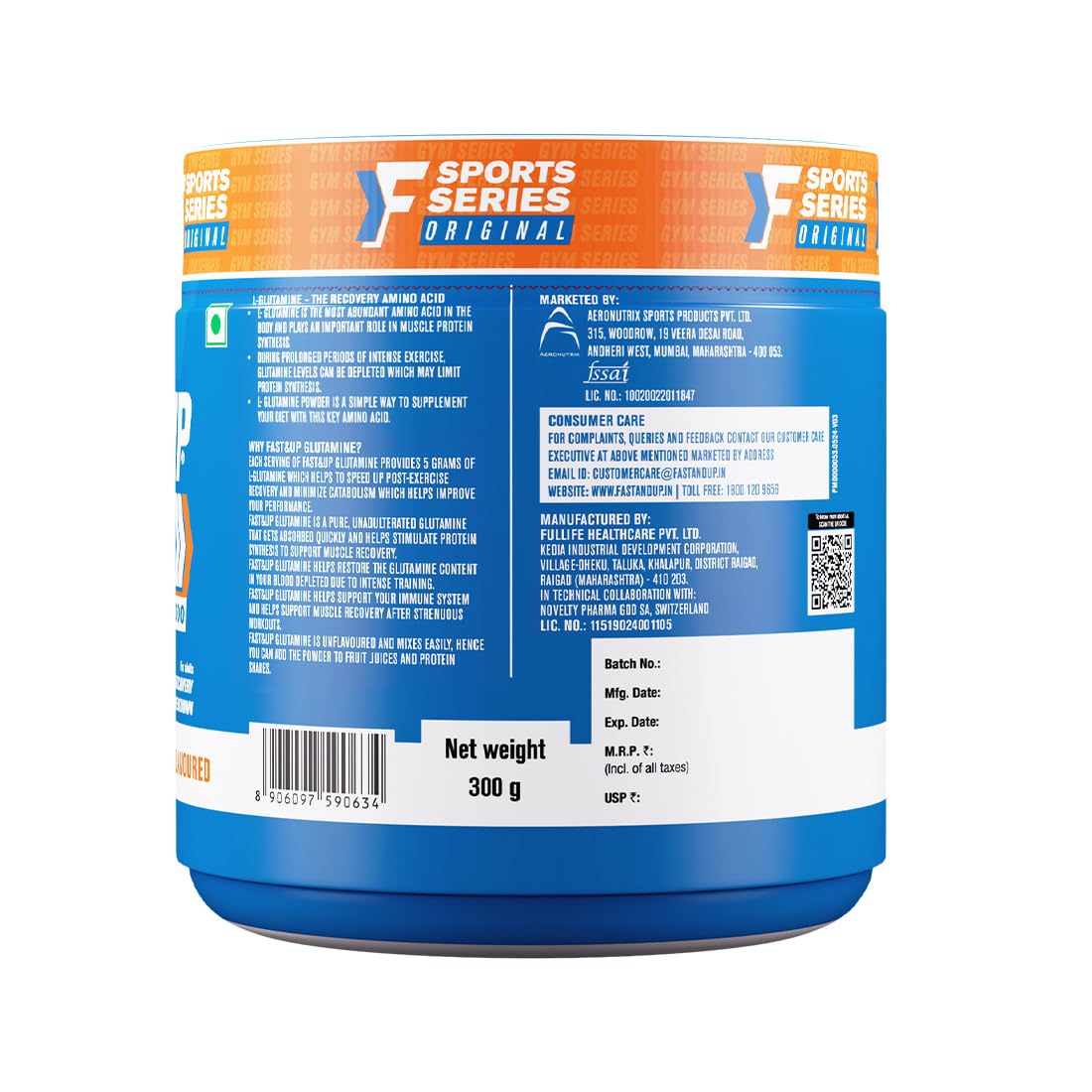 Fast&Up Glutamine (Unflavoured, 2 Month Supply) L-Glutamine For Muscle Building & Performance | Post Workout Recovery & Muscle Growth (300g powder)
