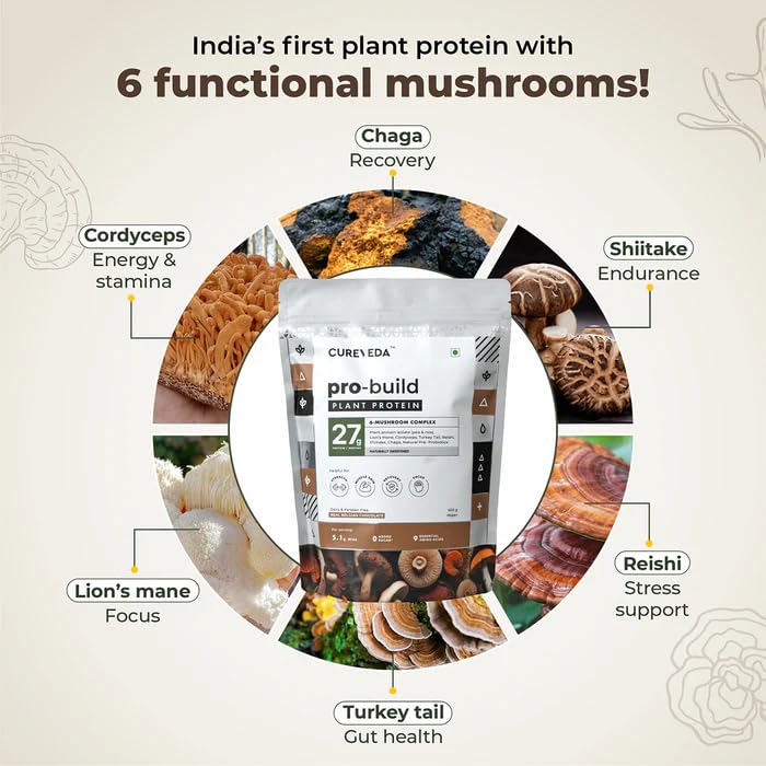 Cureveda Pro-Build Plant Protein Powder | 27g Vegan Protein + 6 Mushrooms | 5.1g BCAA & Digestive Enzymes | Cordyceps, Lionâ€™s Mane, Reishi, Chaga, Shiitake, Turkey Tail | Chocolate | 500g