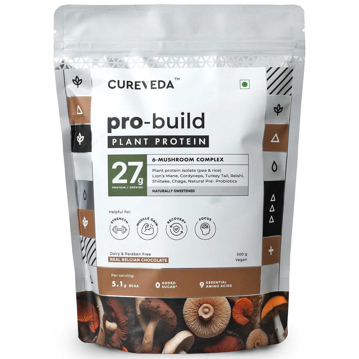 Cureveda Pro-Build Plant Protein Powder | 27g Vegan Protein + 6 Mushrooms | 5.1g BCAA & Digestive Enzymes | Cordyceps, Lionâ€™s Mane, Reishi, Chaga, Shiitake, Turkey Tail | Chocolate | 500g