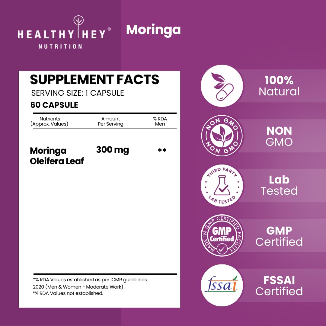 HealthyHey Moringa Extract 10:1-60 Veg Capsules - Oleifera Leaf - Miracle Tree