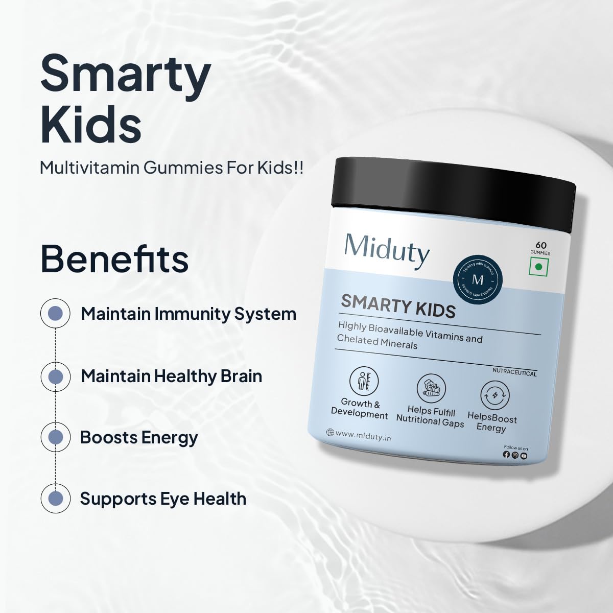 Miduty by Palak Notes Smarty Kids Multivitamin Multimineral, B Complex, Vitamin C, Vitamin A & Active Immunity For Picky Eaters No Fructose Corn Syrup No Preservatives - Natural Flavor - Pack of 60