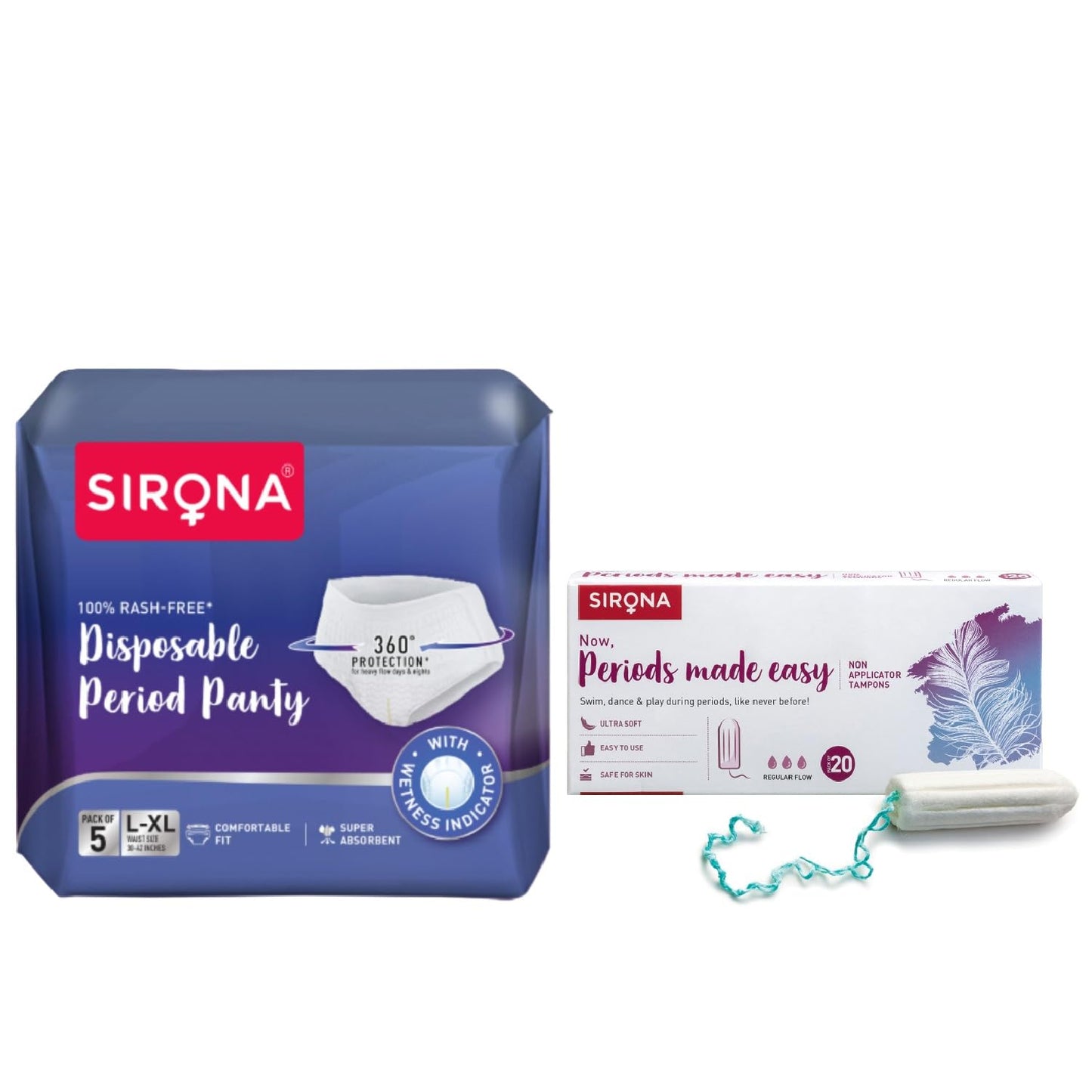 Sirona Disposable Period Panties for Women | L â€“ XL | 360Â° Sanitary Protection for Heavy Flow & Sirona Period Made Easy Tampons - 20 Piece | For Heavy Flow