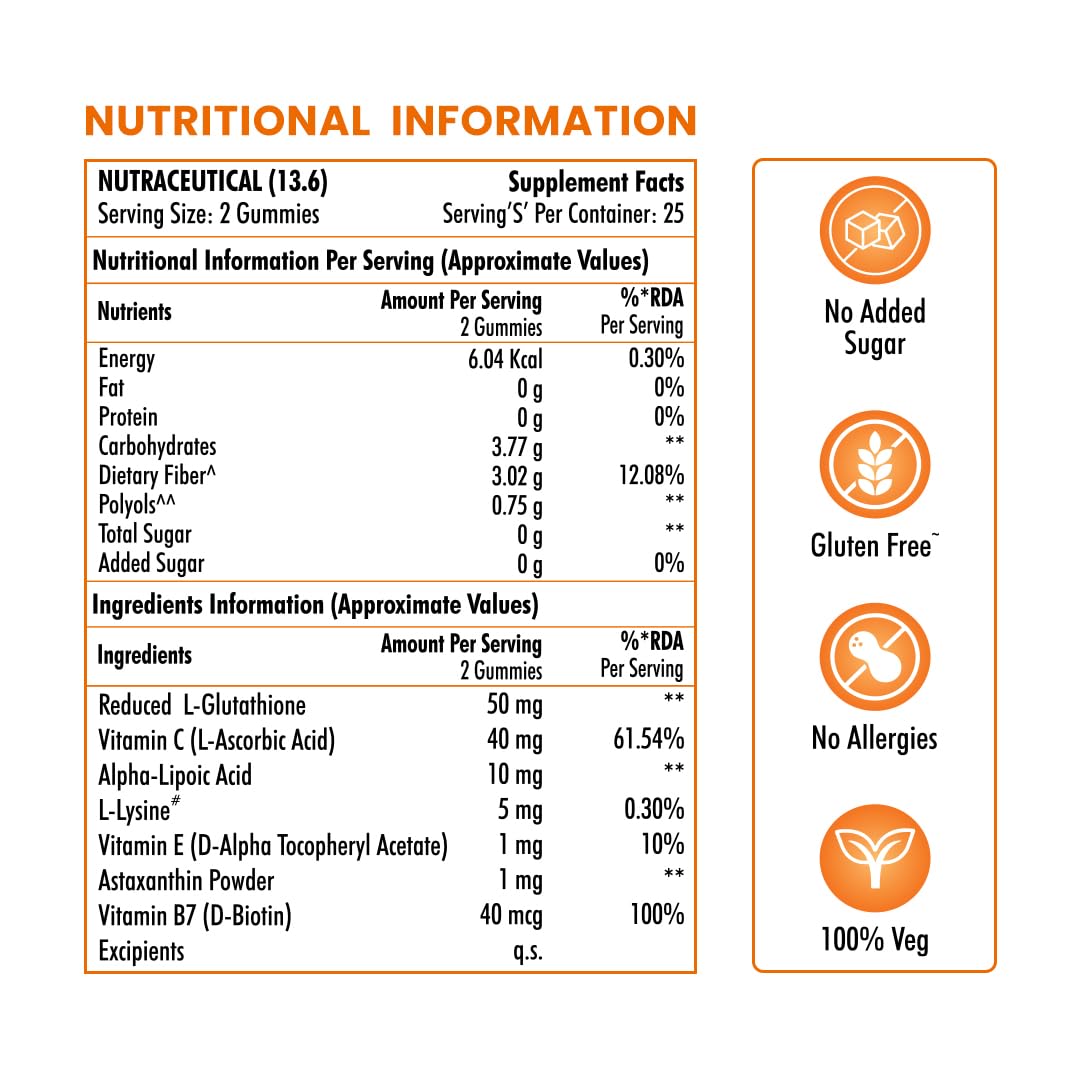 NATURYZ L-Glutathione with Biotin 2-in-1 Gummies | Vitamin C, Vitamin E & Astaxanthin | Skin Glow, Brightening, Depigmentation, Hair Growth for Men & Women | No added sugar- 50 Gummies (Orange)