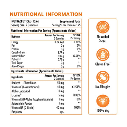 NATURYZ L-Glutathione with Biotin 2-in-1 Gummies | Vitamin C, Vitamin E & Astaxanthin | Skin Glow, Brightening, Depigmentation, Hair Growth for Men & Women | No added sugar- 50 Gummies (Orange)