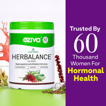 OZiva Plant Based HerBalance for PCOS Supplements for Women 200g, with Myo-Inositol, ChasteBerry, Shatavari, PCOS Supplements for Women Promoting Better Cycle & Hormonal Balance