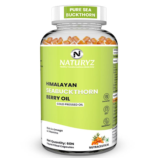 NATURYZ Himalayan Sea Buckthorn Berry Oil Triple Strength 1120mg | Cold-Pressed Vegetarian Omega 7 + Omega 3-6-9 | Skin Glow, Immunity & Gut Health Supplement | High Absorption | Non-GMOâ€“ 60 Liquid Fill Capsules