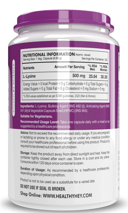 HealthyHey Nutrition L-Lysine 120 Vegetable Capsules
