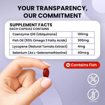 Briyo Highly absorbable CoQ10 100 mg Plus Omega-3 with Natural Form of Lycopene and Selenium, Heart Health Supplement (90 softgels)