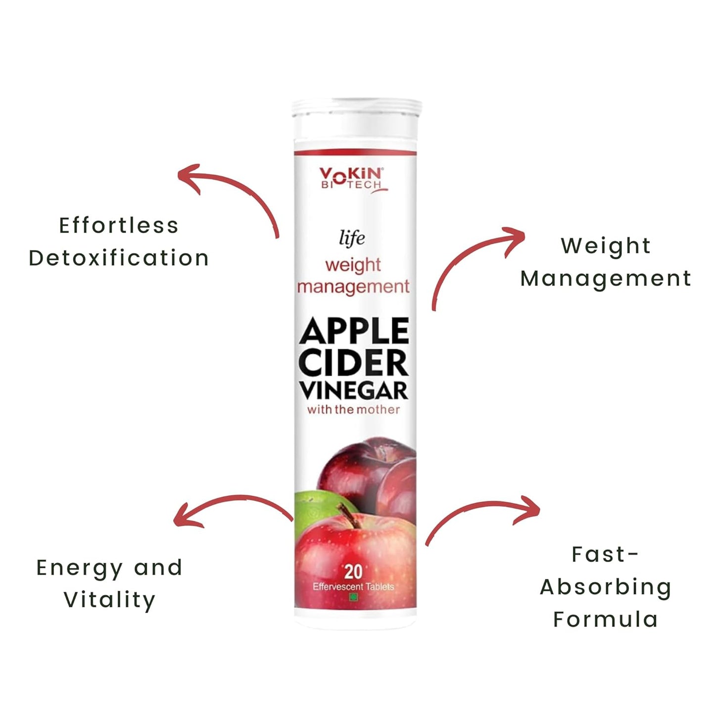 Vokin Biotech World's First Apple Cider Vinegar -20 Effervescent Tablets Vitamin C for Detox & Weight Management with Green Apple Flavor (Pack of 1)