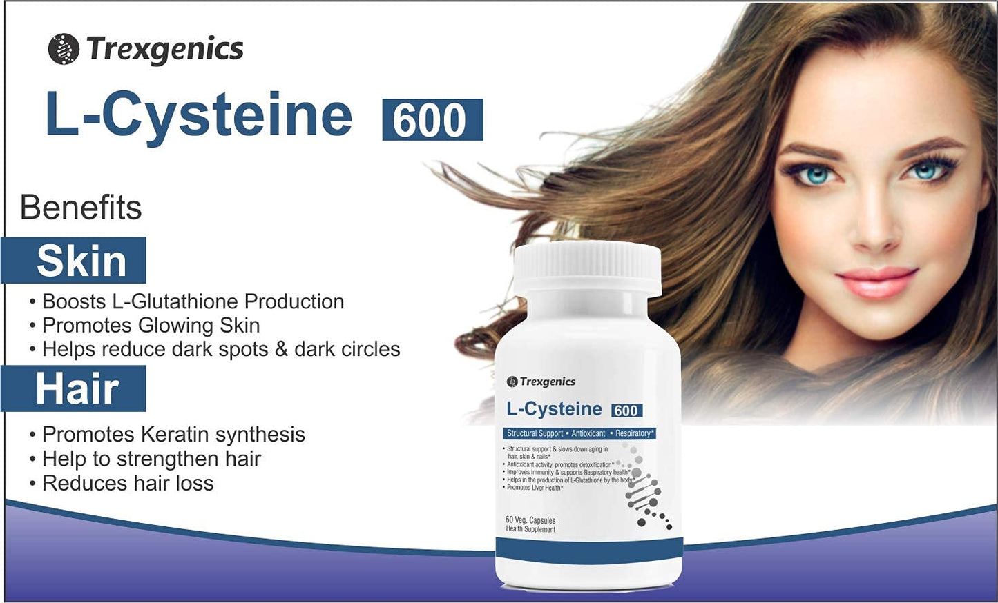 TrexgenicsÂ® L-CYSTEINE 600mg Amino acid for Structural Support, Antioxidant, Respiratory, Skin, Hair & Nails (60 Vcaps) (1)