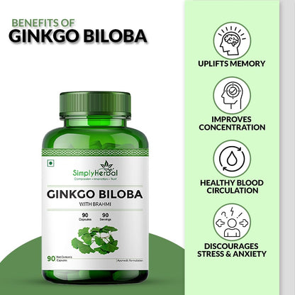 Simply Herbal Ginkgo Biloba 120mg With Bacopa Monnieri Extract Brahmi 380mg for Better Concentration, Improves Blood Circulation, Enhance Alertness, Memory & Learning, 90 Capsules