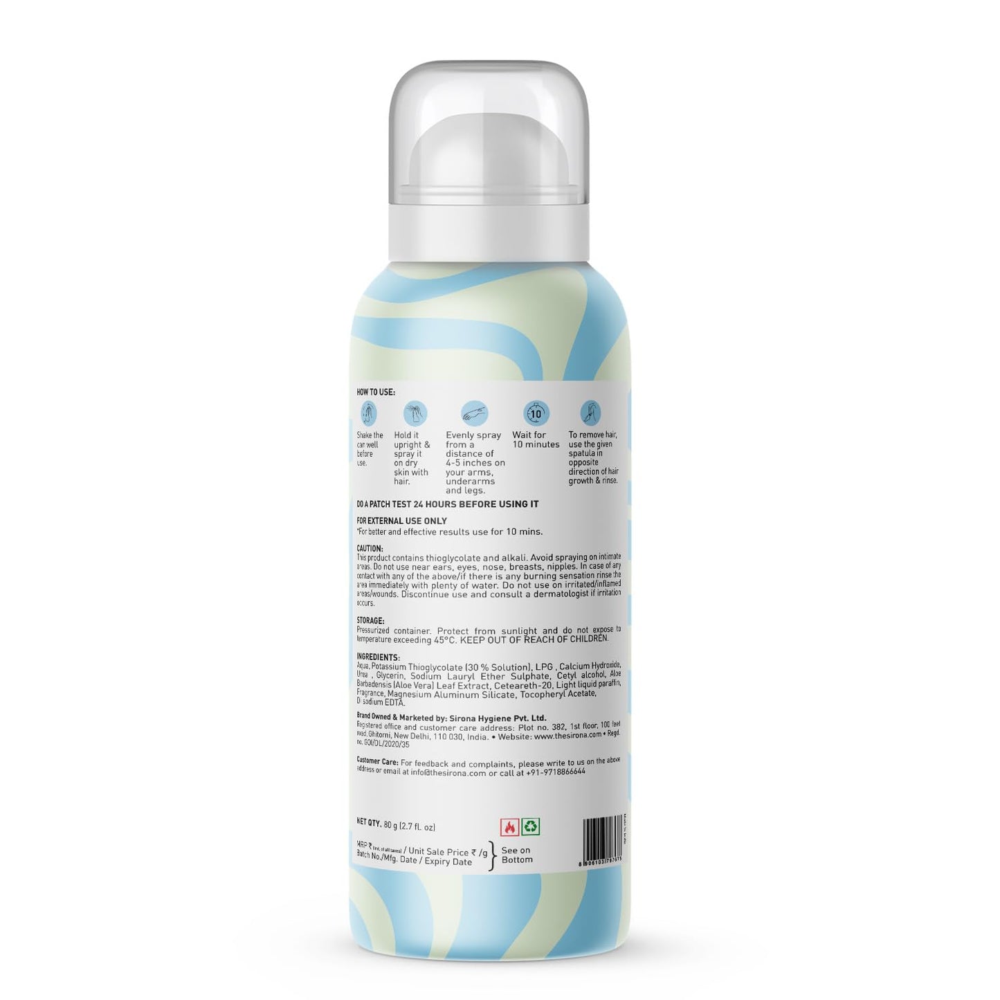 Sirona Hair Removal Spray Foam with Aloe Vera Extracts and Lemongrass Fragrance 80 ML (Pack of 1) | For Legs, Arms & Underarms | Removes Hair in 10 Minutes | Parabens Free | Dermatologically Tested