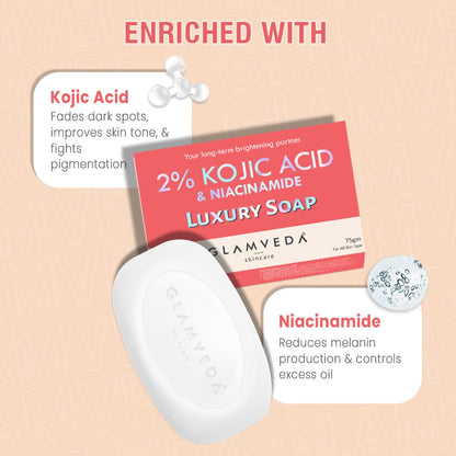 Glamveda 2% Kojic Acid Skin Lightening Soap with Niacinamide | For Dark Spots, Pigmentation & Sun Tanning | For Glass Skin | Clear Glow | All Skin Types | 75gm Pack of 1