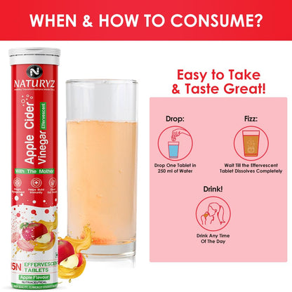 Naturyz Apple Cider Vinegar Effervescent Tablets | Detox | Immunity | Supports Digestion | Gluten-Free | Vegan - 15 tablets (Apple Flavour)