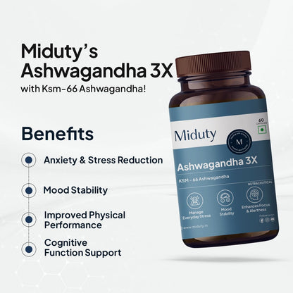 Miduty Palak Notes Ashwagandha 3X (500 mg) Supplement - KSM 66 Ashwagandha - Triple Strength Formula - For Mood Stability - Focus, Strength and Stress - 60 Veg Capsules