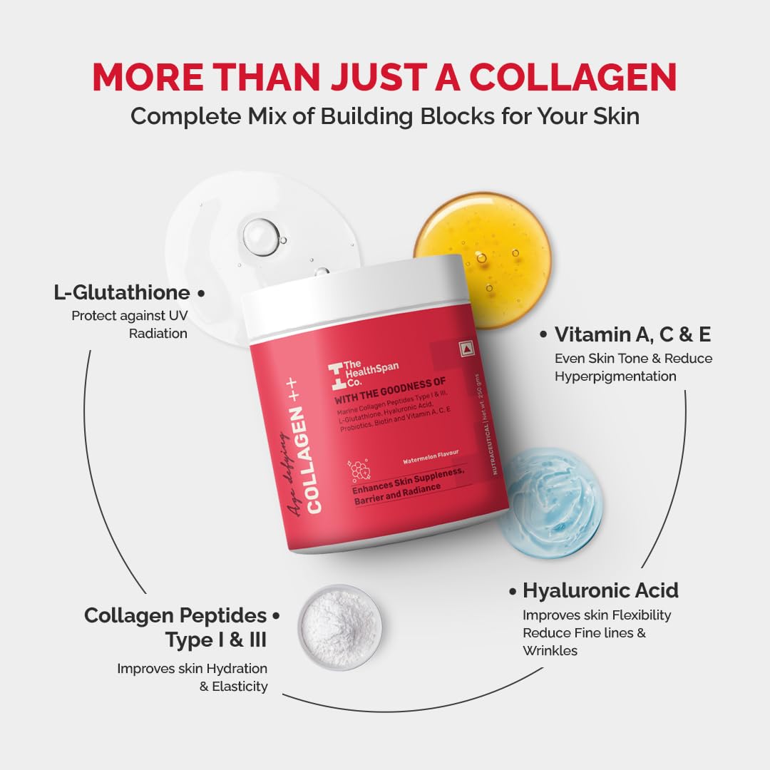 The Healthspan Co. Pure Korean Marine Collagen 250g for Skin, Hair, Nails, Bones & Joints, Hydrolyzed Collagen I & III Powder with Biotin, Hyaluronic Acid & L-Glutathione for Women & Men, Watermelon Flavor, 25 Serves