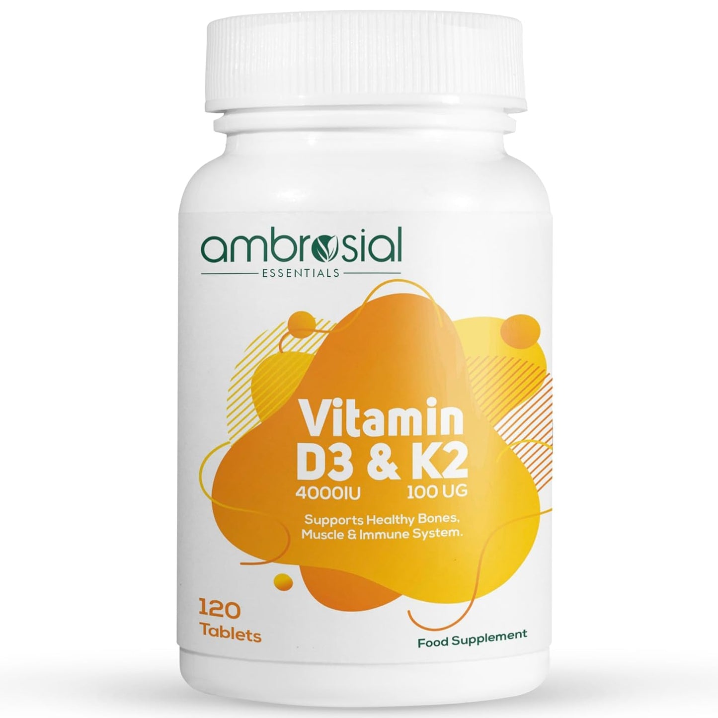 Ambrosial Vitamin D3 & K2 Tablets 4000IU Vitamin D3 + 100Âµg K2 MK-7 for Healthy Bones, Muscles, and to Support The Immune System - 120 Tablets