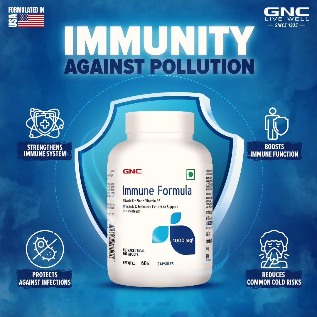GNC Immune Formula | 60 Veg Capsules | Strengthens Immune System | Reduces Common Cold Risks | Protects Against Infections | Vitamin C, Zinc, Amla & Vitamin B6 | For Men & Women