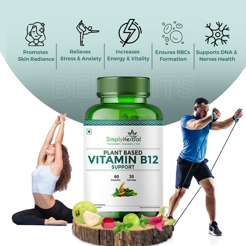 Simply Herbal Plant Based Vitamin B12 Capsules Improves Your Brain Function & Nervous System for Men & Women, (60 Capsules)